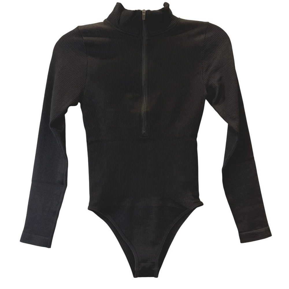 OQQ Womens Ribbed Long Sleeve Bodysuit Black Quarter Zip Mock Neck Small NWOT